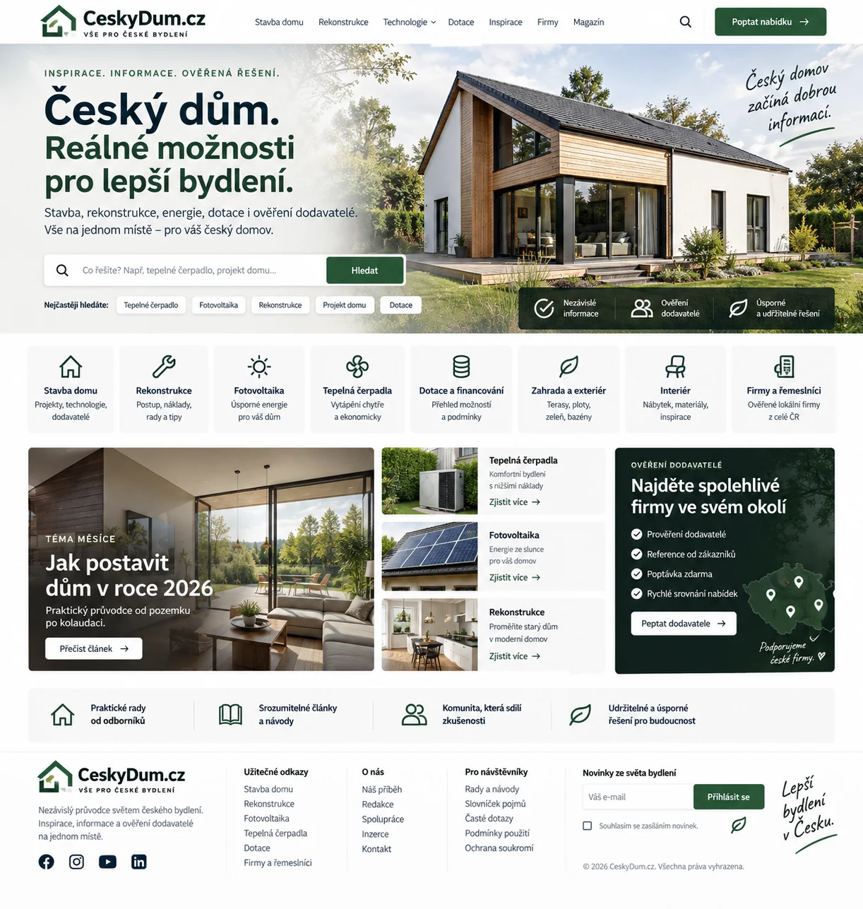 Ilustrační návrh portálu CeskyDum.cz o stavbě, rekonstrukci, energetických řešeních a inspiraci pro bydlení